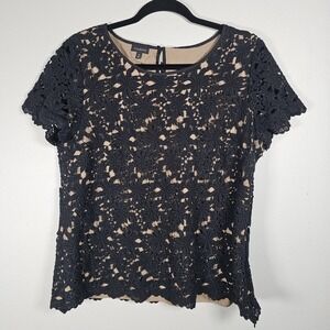 Talbots Womens 16 Top Black Floral Lace Crochet Knit Lined Blouse Shirt‎